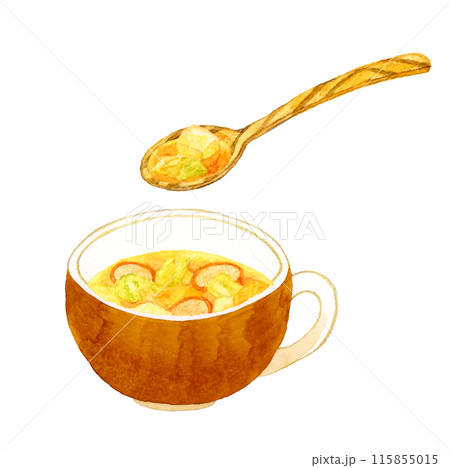 コンソメスープ（野菜スープ）と木製スプーン　料理・食べ物の手描き水彩イラスト素材 115855015