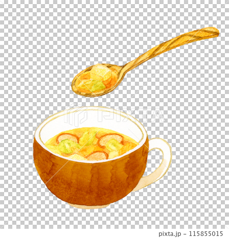 コンソメスープ（野菜スープ）と木製スプーン　料理・食べ物の手描き水彩イラスト素材 115855015