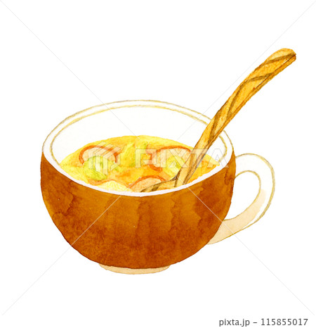 コンソメスープ(野菜スープ)と木製スプーン 料理・食べ物の手描き水彩イラスト素材 コンソメスープ(野菜スープ)と木製スプーン 料理・食べ物の手描き水彩イラスト素材 115855017