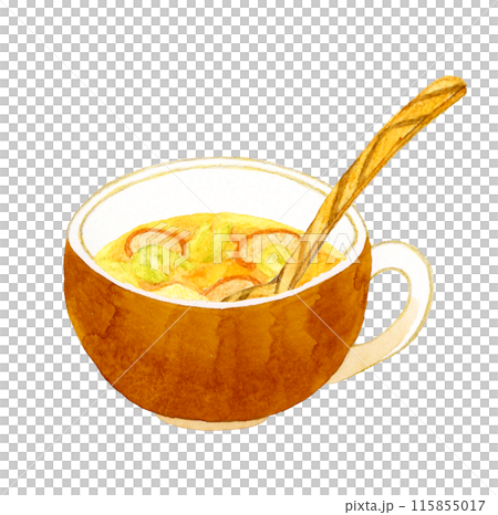 Consommé soup (vegetable soup) and wooden spoon Hand-drawn watercolor illustration of food and cooking 115855017