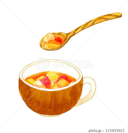 ミネストローネと木製スプーン　料理・食べ物の手描き水彩イラスト素材 115855021