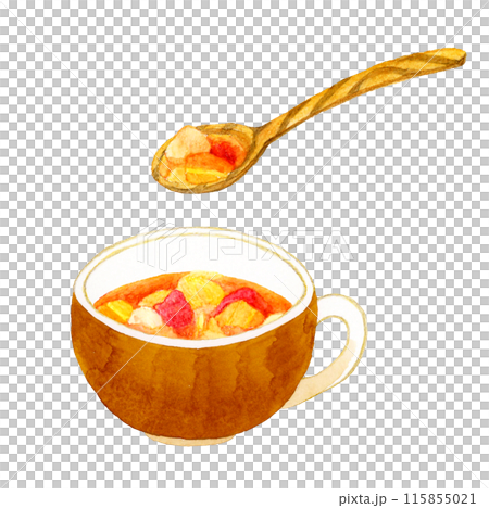 ミネストローネと木製スプーン　料理・食べ物の手描き水彩イラスト素材 115855021