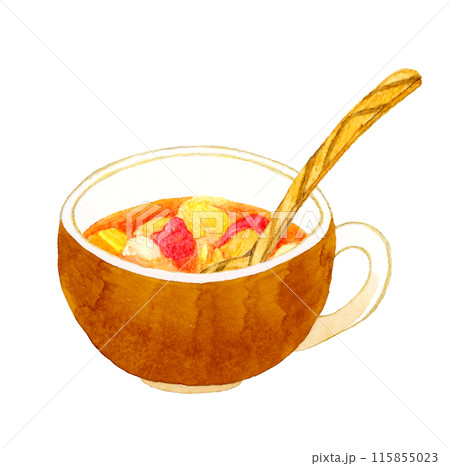 ミネストローネと木製スプーン　料理・食べ物の手描き水彩イラスト素材 115855023