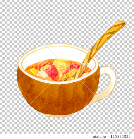 ミネストローネと木製スプーン　料理・食べ物の手描き水彩イラスト素材 115855023