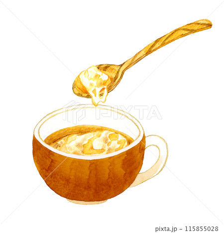オニオングラタンスープと木製スプーン　料理・食べ物の手描き水彩イラスト素材 115855028