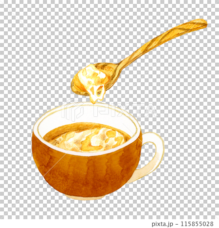 オニオングラタンスープと木製スプーン　料理・食べ物の手描き水彩イラスト素材 115855028