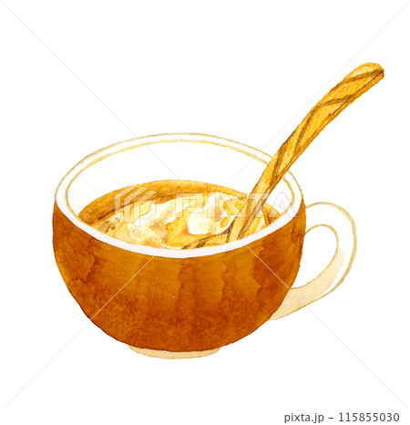 オニオングラタンスープと木製スプーン　料理・食べ物の手描き水彩イラスト素材 115855030