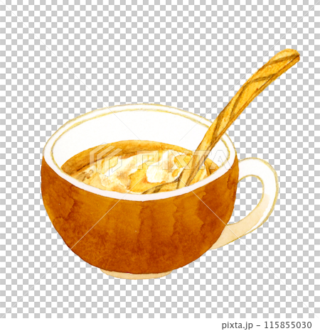 オニオングラタンスープと木製スプーン　料理・食べ物の手描き水彩イラスト素材 115855030