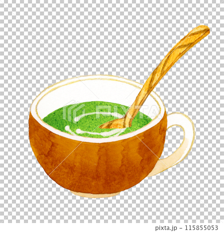 Spinach potage and wooden spoon Hand-drawn watercolor illustration of cooking and food 115855053