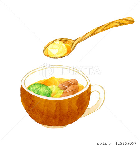 ポトフ(野菜スープ)と木製スプーン 料理・食べ物の手描き水彩イラスト素材 ポトフ(野菜スープ)と木製スプーン 料理・食べ物の手描き水彩イラスト素材 115855057