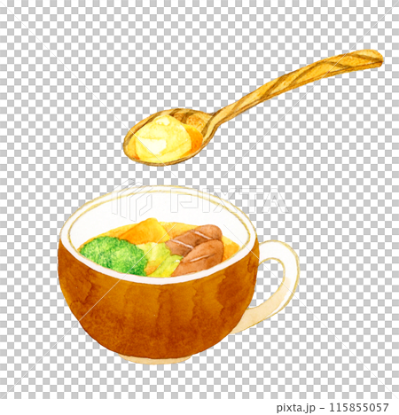 ポトフ(野菜スープ)と木製スプーン 料理・食べ物の手描き水彩イラスト素材 ポトフ(野菜スープ)と木製スプーン 料理・食べ物の手描き水彩イラスト素材 115855057
