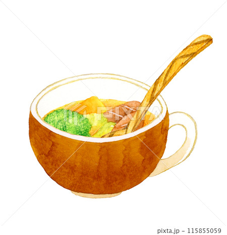 ポトフ（野菜スープ）と木製スプーン　料理・食べ物の手描き水彩イラスト素材 115855059