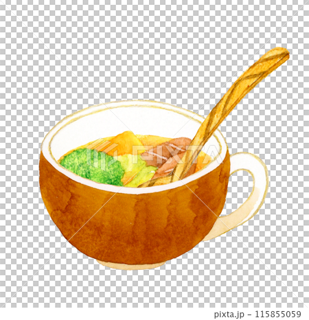 ポトフ（野菜スープ）と木製スプーン　料理・食べ物の手描き水彩イラスト素材 115855059
