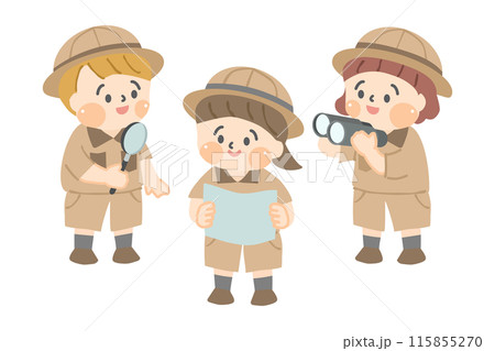 虫眼鏡と双眼鏡と地図を持った探検隊の子ども達 115855270