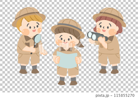 虫眼鏡と双眼鏡と地図を持った探検隊の子ども達 115855270