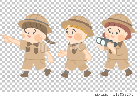 探検服を着て歩く笑顔の三人の子ども達 115855276