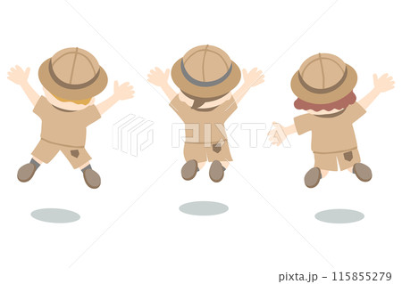 探検服を着てジャンプする子供たちの後ろ姿 115855279