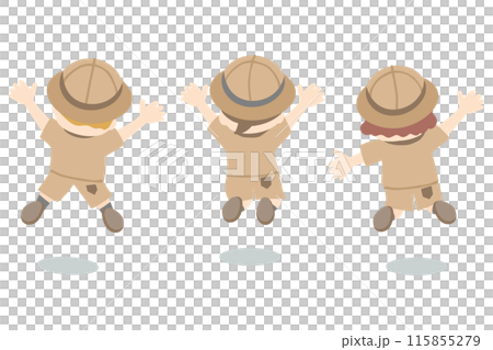 孩子們穿著探索服跳躍的後視圖 115855279