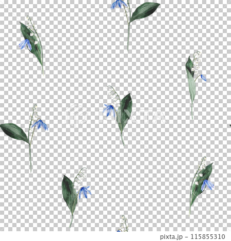 Seamless pattern with bouquet of the light blue scillas and white lilies of the valley and green leaf - first spring flowers with bow. Watercolor botanical isolated illustration of flowers. Hand drawn 115855310