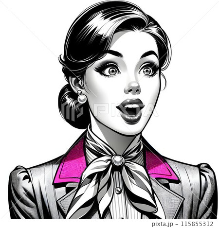 白い背景に、驚いた表情のモノクロ女性のイラスト。ピンクの襟がアクセント。 白い背景に、驚いた表情のモノクロ女性のイラスト。ピンクの襟がアクセント。 115855312