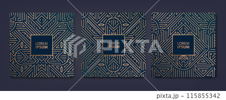 Vector set of square gold cards, art deco geometric banners, line gala templates. Corporate posters, invites, business flyers. Dark blue design. 115855342
