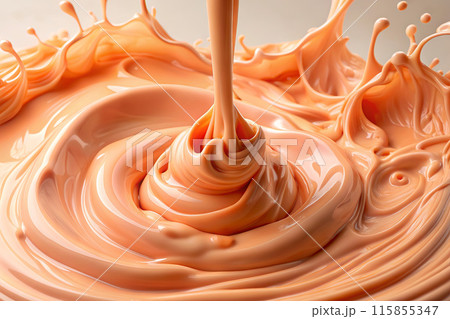 Paint color 13-1023 Peach Fuzz flows intensely onto a white background, creating soft swirls and splashes. 115855347