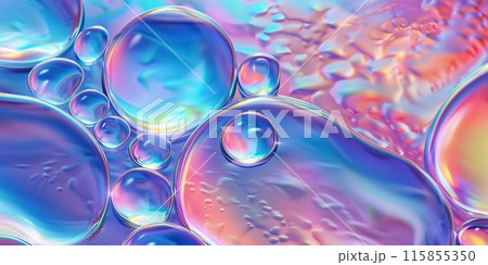 Colorful Iridescent Liquid Bubbles Glowing in Abstract Fluid Background Close-up 115855350