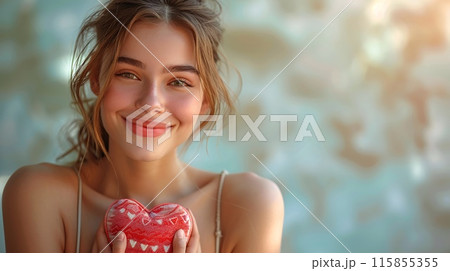 Smiling Young Woman Holding Heart Shape Knitted Ornament in Sunlit Outdoor Setting 115855355