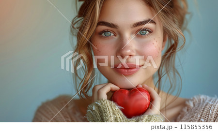 Young Woman Holding Red Heart Symbol, Smiling Warmly During Autumn 115855356