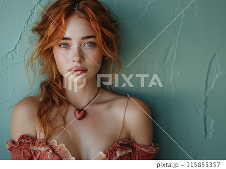 Young Woman with Red Hair Wearing a Heart Necklace Against a Textured Wall 115855357