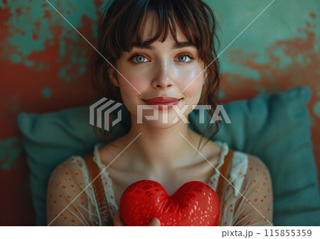 Young Woman Holding Heart Pillow Smiling Indoors with Artistic Background 115855359