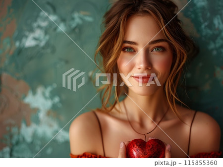 Smiling Woman Holding Heart-Shaped Object in Front of Artistic Green Background 115855360