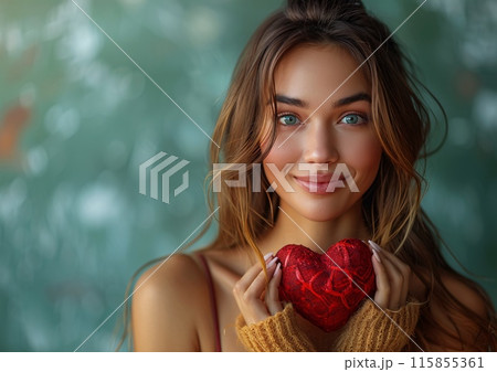 Smiling Woman Holding Heart-Shaped Object in Front of Artistic Green Background 115855361