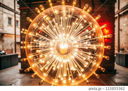 A modern, spherical light fixture with bright yellow bulbs radiates warm illumination 115855362