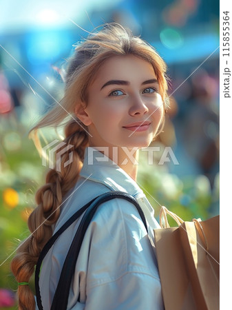Young Woman Shopping Outdoors on a Sunny Day with Shopping Bags in Hand 115855364