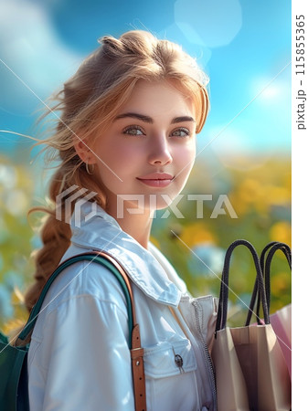 Young Woman Holding Shopping Bags Outdoors on a Sunny Day in Spring 115855365