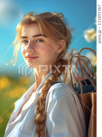 Young Woman with Shopping Bags Enjoying a Sunny Day in Flower Field 115855367