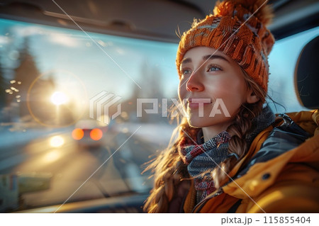 Smiling Woman in Winter Clothing Enjoying a Scenic Road Trip at Sunset 115855404