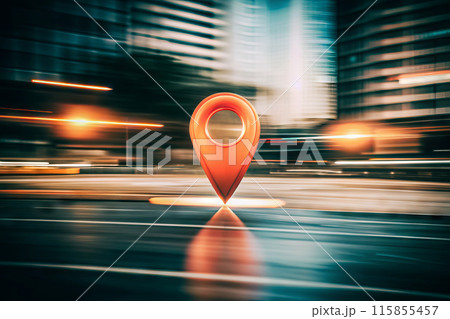 A red map pin is placed at the edge of a road in the city 115855457