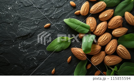 Almonds on black background. Generative AI 115855594