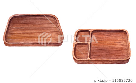 High quality wooden trays featuring one solid tray and one with compartments. Natural brown tray add rustic touch to any space, combining beauty with functionality. Watercolor illustration for serving 115855720