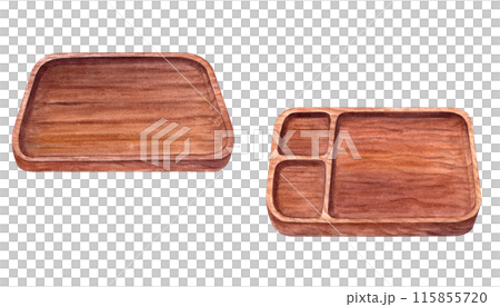 High quality wooden trays featuring one solid tray and one with compartments. Natural brown tray add rustic touch to any space, combining beauty with functionality. Watercolor illustration for serving 115855720