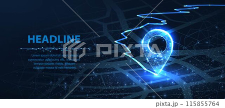 Pin icons with move path. New office location, change business address, relocate store or shop, change site address concept 115855764