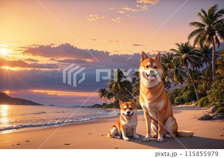 サンセットビーチと柴犬親子【AI画像】 115855979
