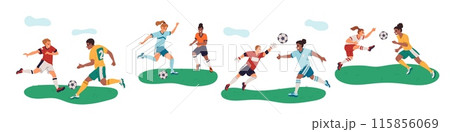 Athletes in uniform kick ball. Fighting soccer players. Sportsmen characters attacking and defending goals. Football match. Game competition. Footballers dynamic poses. Garish vector set 115856069