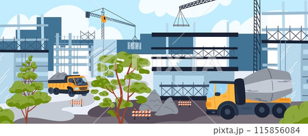 Construction site workflow. House building. Truck with industrial materials. Concrete slabs and frames in cladding process. Constructor cranes. Housing development. Garish vector concept 115856084