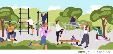 Group outdoor sport training. Street workout. Athletes do exercises. Park turnstiles. Fitness equipment. Woman running. Man lifting weights. Healthy lifestyle. Garish vector concept 115856099