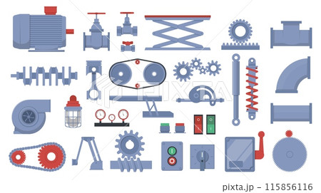Machine parts. Different mechanical details. Metal gears. Pipe valves. Engine pump levers or hinges. Engineering equipment. Technical or robots components. Steampunk elements vector set 115856116
