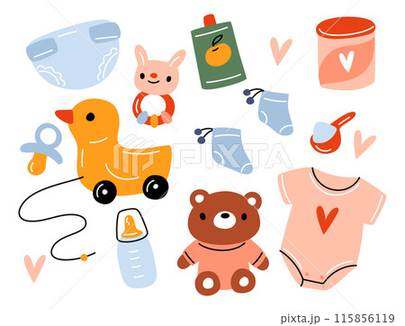 Moms with newborn baby. Kid toys and clothing. Toddler bodysuit. Diaper and socks. Rubber duck. Milk bottle. Children pacifier and rattle. Childish stuff. Vector infants objects set 115856119