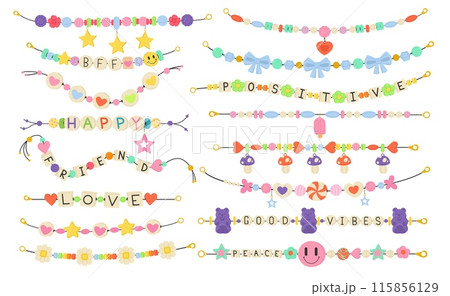 Plastic beads bracelets. Kids funky accessories. Cute jewellery with love hearts and letters. Friendship baubles. Hippie necklaces. Girly bijouterie. Handmade jewel. Recent vector set 115856129